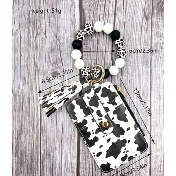 Cow Print Keychain Wallet Wristlet With‎ Beaded Bracelet Tassel Key Ring New - Picture 3 of 3